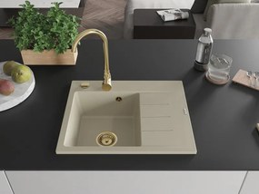 Mexen Ben granitový drez 1-komorový s odkvapkávačom, ľavý 600 x 500 mm, béžový, zlatý sifón - 6522605000-69-G