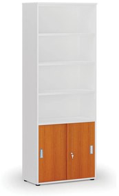 Kombinovaná kancelárska skriňa PRIMO WHITE, zasúvacie dvere na 2 poschodia, 2128 x 800 x 420 mm, biela/čerešňa