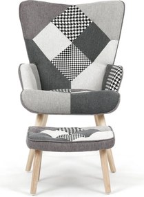 Relaxačné kreslo ušiak LISA + taburet — masív, látka, čiernobiely patchwork