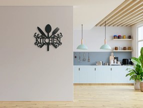 drevko Drevený nápis Kitchen s príborom a zdobením Rozmer obrazu: 32,5 x 34,5 cm, Farba dekorácie: Čierna