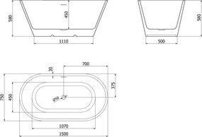 Mexen Luna, voľne stojaca vaňa 150 x 75 cm, biela, biely prepad, 52031507500-20