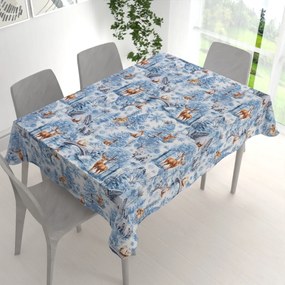Biante Bavlnený obdĺžnikový obrus Sandra SA-674 Lesné zvieratá v zimnom lese na modrom 50x100 cm