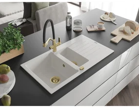 Mexen Matias, 1,5-komorový granitový drez 900x505x200 mm a drezová batéria Duo, biela, 6502-20-671701-57-G