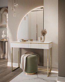 TOALETNÝ STOLÍK NESSIE BIELY LESK ĽAVÝ + ZLATÝ PODSTAVEC + ZRKADLO POLMESIAC