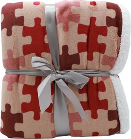 Home Elements Mikroflanelová deka s baránkom, vzor Puzzle, červená a hnedá