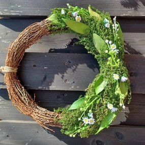 DECOLED Veľkonočný veniec, 34 x 31 x 8 cm, prútie a zelené vetvičky s malými kvetmi