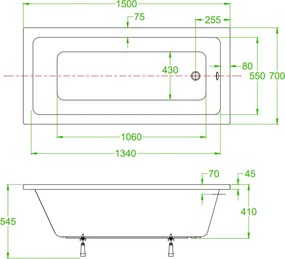 BPS-koupelny Akrylátová obdĺžniková vaňa na vstavanie HYD-NIL150-VEST 150x70 cm biela, odtokový komplet chróm