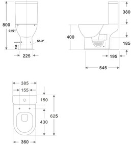 Bruckner Bruckner, DARIO RIMLESS WC kombi misa s nádržkou, spodný/zadný odpad, biela, 201.431.4