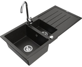 Mexen Andres, granitový drez 1000x500x200 mm, 1,5-komorový, čierna - zlatá metalíza s chrómovým sifónom a chrómová drezová batéria Telma, 6515-75-670200-00