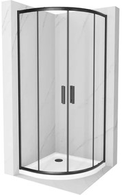 Mexen Rio, štvrťkruhový sprchovací kút s posuvnými dverami 90 x 90 cm, 6mm číre sklo, čierny profil + biela sprchová vanička, 863-090-090-70-00-4110B
