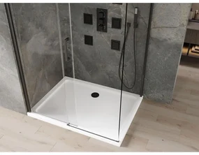 Mexen Omega, sprchovací kút s posuvnými dverami 110 (dvere) x 70 (stena) cm, 8mm číre sklo, čierny profil + slim sprchová vanička biela s čiernym sifónom, 825-110-070-70-00-4010B