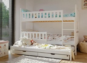 Detská poschodová posteľ z masívu borovice BOHDANA s prístelkou a šuplíky - 200x90 cm - BIELA