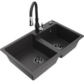Mexen Tomas, granitový drez 800x500x190 mm, 2-komorový a drezová batéria Savita, čierna škvrnitá, 6516-76-672601-70-B
