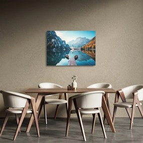 Sklenený obraz - Lode na jazere Braies (70x50 cm)