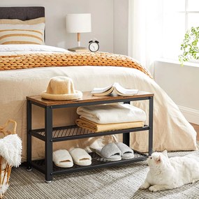 Lavica na topánky s 2 policami, botník s kovovým rámom, rustikálny hnedý