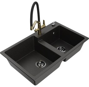 Mexen Tomas, 2-komorový granitový drez 800x500x190 mm a kuchynská batéria Duo, čierna-zlatá metalíza, 6516-75-671701-57-B