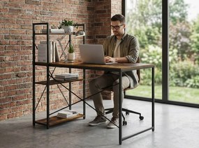 Písací stôl s regálom LOFTY 120x60 cm, čierny / rustikálne hnedý