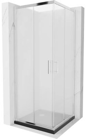 Mexen Rio, štvorcový sprchovací kút s posuvnými dverami 90(dvere) x 90(dvere) x 190 cm, 6mm sklo námraza, chrómový profil + čierna sprchová vanička SLIM, 860-090-090-01-30-4070