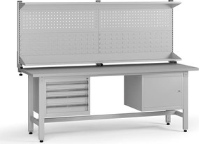 Výškovo nastaviteľný dielenský stôl G5 s nadstavbou, 2100 x 750 x 800-1000 mm, 1x skrinka, 4 zásuvky, sivá