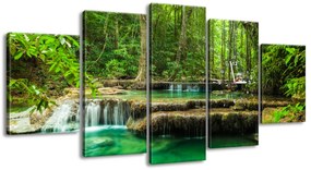 Gario Obraz s hodinami Vodopád Erawan v Thajsku - 5 dielny Rozmery: 150 x 70 cm