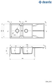 Deante Andante, granitový drez 1160x500x224 mm + priestorovo úsporný sifón, 2-komorový, čierna, ZQN_N213