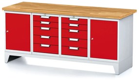 Dielenský stôl MECHANIC I, 2 skrinky a 2x 5 zásuvkový box na náradie, 10 zásuviek, 2000x685x880 mm, červené dvere