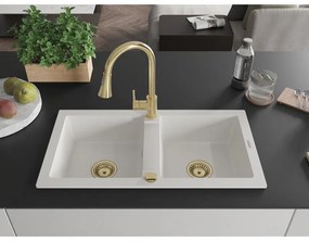 Mexen Mario, 2-komorový granitový drez 820x436x161 mm a drezová batéria Elia, biela, 6504-20-670101-50