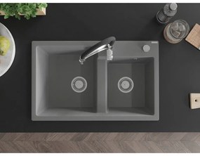 Mexen Tomas, 2-komorový granitový drez 800x500x190 mm a drezová batéria Aster, šedá, 6516-71-73450-07