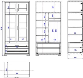 Veľká šatníková skriňa s 2 zásuvkami a nadstavcom, 100x60x216 cm Police vľavo