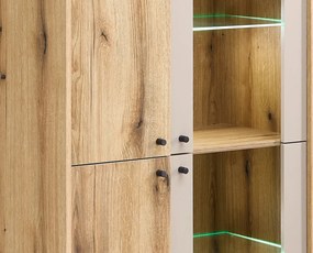 Vitrínová skrinka Cube, dub evoke / pieskovo šedá, s osvetlením