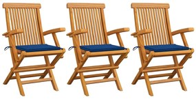 Záhradné stoličky, kráľovsky modré podložky 3 ks, tíkový masív