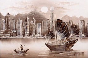Obrázok - Victoria Harbor, Hong Kong, sépiový efekt (90x60 cm)