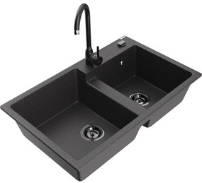 Mexen Tomas, granitový drez 800x500x190 mm, 2-komorový a čierna batéria Telma, čierna škvrnitá, 6516-76-670200-70-B