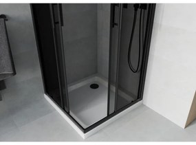 Mexen Rio, štvorcový sprchovací kút s posuvnými dverami 90(dvere) x 90(dvere) x 190 cm, 6mm šedé sklo, čierny profil + biela sprchová vanička SLIM, 860-090-090-70-40-4010B