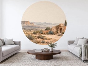 Púštna hacienda s agávou kruhová akvarelová dekorácia v púštnych tónoch na stenu arch 46 x 46 cm
