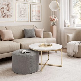 KONFERENČNÝ STOLÍK LEONARDO X BIELY LESK + ZLATÝ + TABURET ŠEDÝ