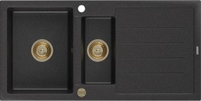 Mexen Andres, granitový drez 1000x500x200 mm, 1,5-komorový, čierna-strieborná metalíza so zlatým sifónom, 6515101510-73-G