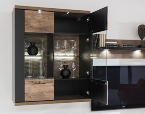 Široká nástenná vitrína Boston, čierna/dub ribbeck, s osvetlením