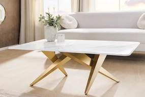 Konferenčný stolík ART LIVING 130 cm s keramickou doskou z bieleho mramoru a rámom v šampansko-zlatej farbe