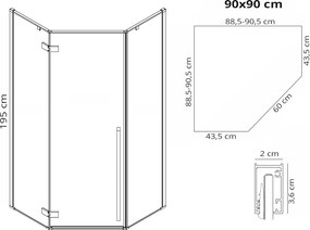 Päťuholníkový sprchovací kút REA DIAMOND 90x90 cm, čierny matný/transparent + vanička Diamond čierna