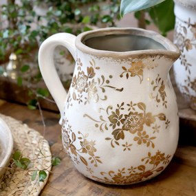 Béžový baňatý keramický džbán so zlatými kvetmi Melun gold - 13*16 cm