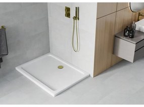 Obdĺžniková sprchová vanička MEXEN FLAT SLIM 140x90 cm biela + zlatý sifón