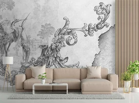 Gario Fototapeta Divoké vtáky a listy na orientálnej freske, čiernobiele Materiál: Vliesová, Rozmery: 150 x 105 cm