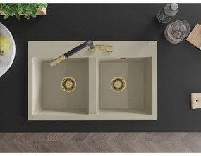 Mexen Hektor, 2-komorový granitový drez 800x480x205 mm, béžová, zlatý sifón, 6521802000-69-G