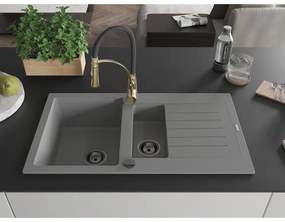 Mexen Matias, granitový drez 900x505x200 mm, 1,5-komorový a drezová batéria Aster, šedá, 6502-71-73450-57-B