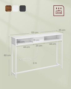 Konzolový stolík so zásuvkami, úzky príručný stolík s 2 priehradkami, 25 x 120 x 81 cm, biely