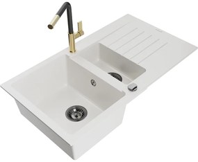 Mexen Matias, 1,5-komorový granitový drez 900x505x200 mm a drezová batéria Flora, biela, 6502-20-670401-57-B