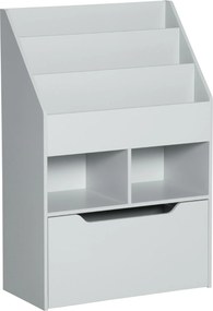 HOMCOM Detská drevená polica s 3 priehradkami, 2 kockami a mobilným zásuvkou na 4 kolesách, Knižnica pre deti do detskej izby alebo herne, 60x29,9x90
