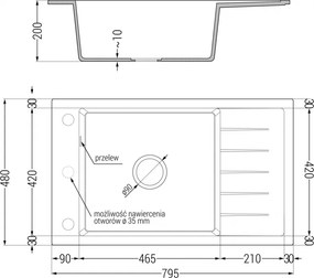 Mexen Elias, granitový drez granitový 795x480x200 mm, 1-komorový, čierna-strieborná metalíza s čiernym sifónom, 6511791005-73-B