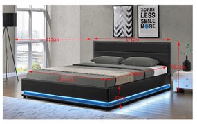 Kondela Manželská posteľ s bielym osvetlením, čierna, 160x200, BIRGET NEW